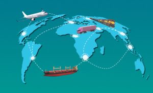 global supply chain infographic with continents connected by dots with airplane, barge and trains